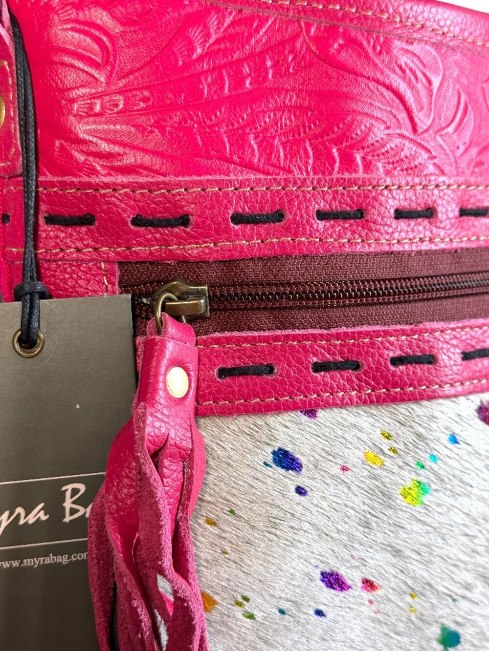 Mrya Bag Rosa Verde Leather, Upcycled Canvas & Hairon Crossbody Bag - NEW - Picture 7 of 13